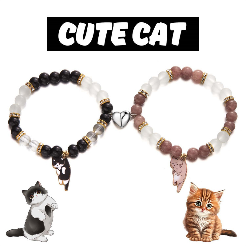 2 uds pulseras magnéticas para parejas amor en forma de corazón atracción a juego gato gatito colgante pulsera mujeres hombres amante joyería de boda: Marrón rojizo
