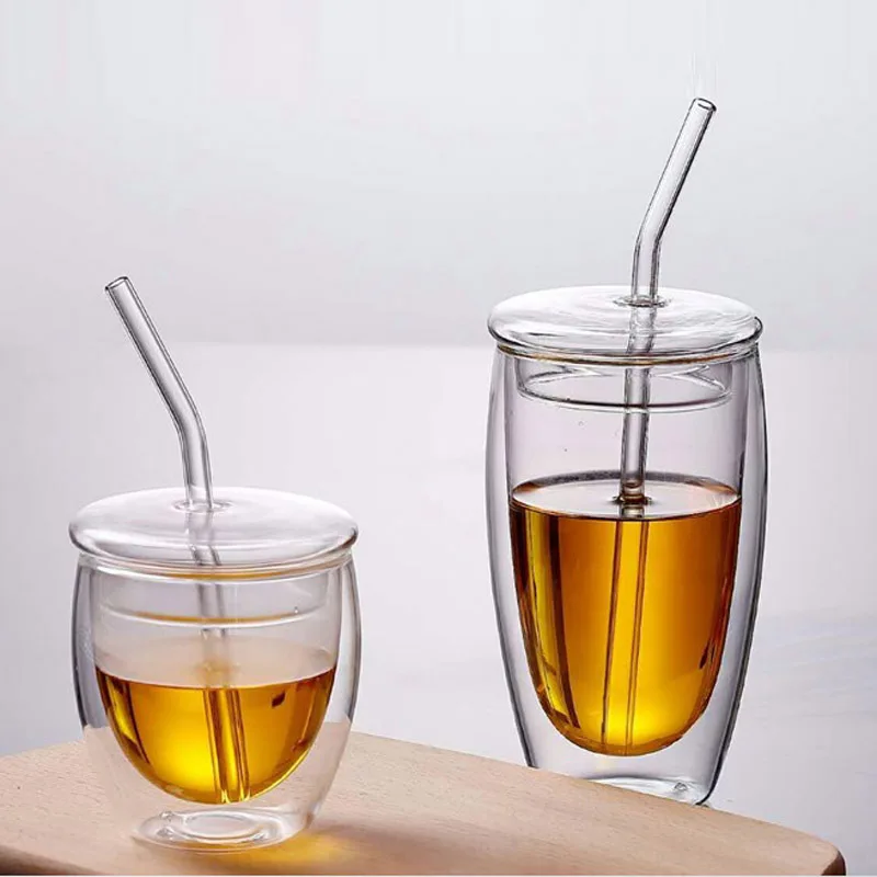 450ml Double-layer Glass Insulated Dessert Coffee Mug with Lid Straw Milk Jug Transparent Sealed Cup Drinkware