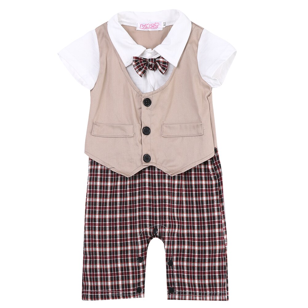 Mode Plaid Katoen Pasgeboren Kid Baby Boy Baby Outfits Jumpsuit Rompertjes Gentleman Set: Beige / 24M