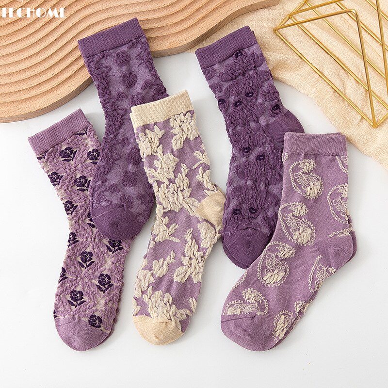 5 par/sæt damesokker lilla vintage floral europæisk amerikanske street sokker mid tube efterårsstrømper retro 3d #39