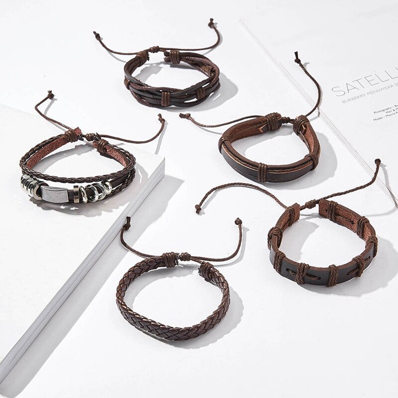 Pulseras trenzadas de cuero multicapa para hombre, brazaletes de cuerda hechos a mano, con forma de búho, hoja y estrella, para
