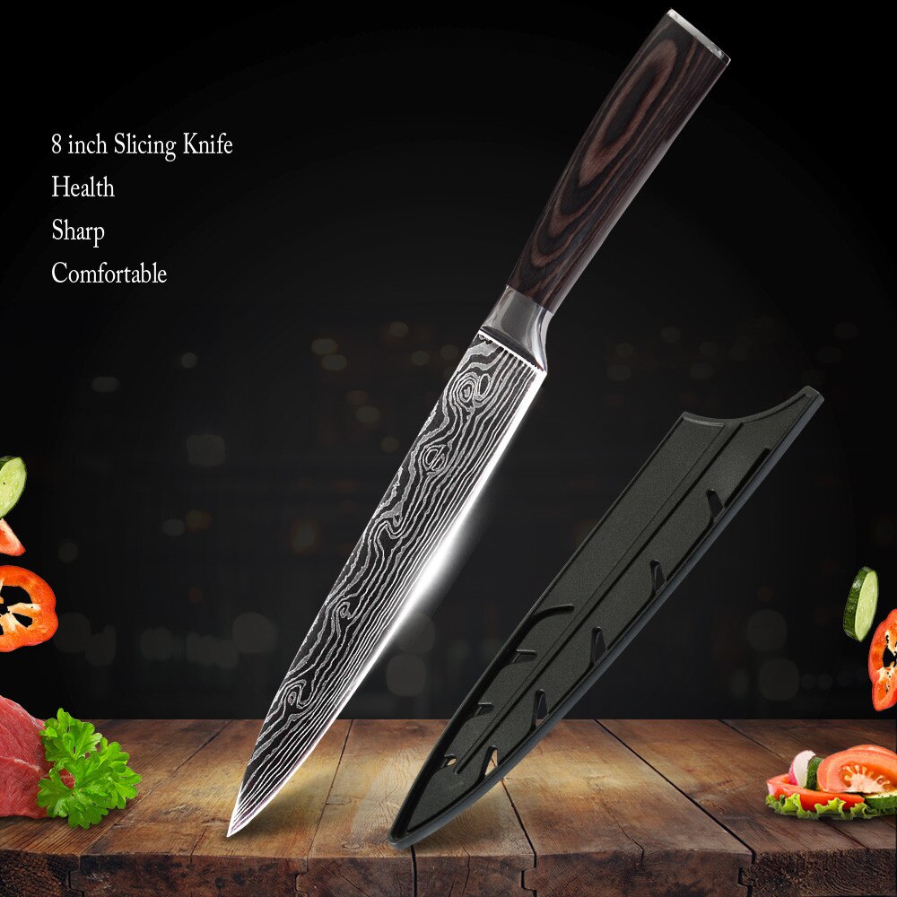 Stainless Steel Chef Knife Set with Knife Cover Case Sheath 8 Pcs Cleaver Slicing Damascus Veins Survive Kitchen Knives Set: 8 in Slicing knife