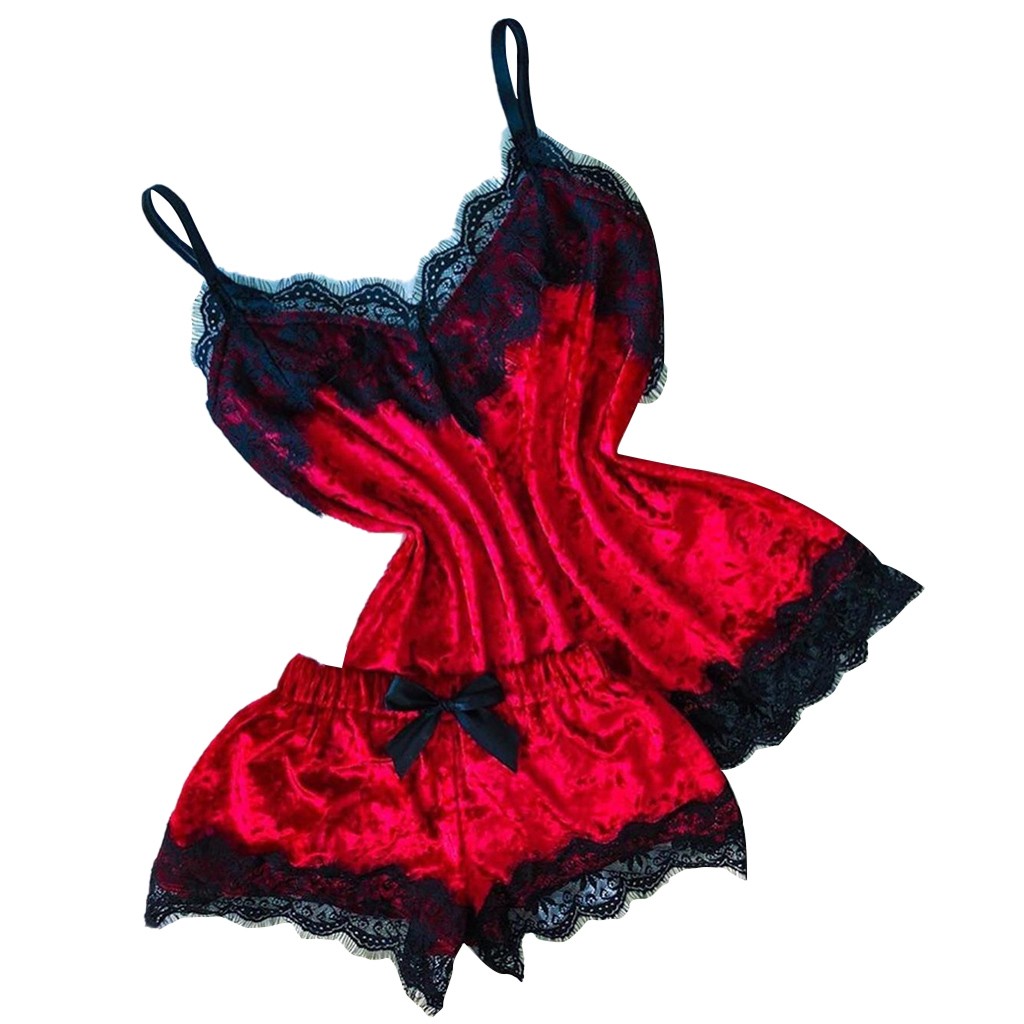 Sommarpyjamas kvinnor sammet rosett sovplagg ärmlös rem nattplagg spetskant cami topp pyjamas set femme sexiga underkläder: S / Röd