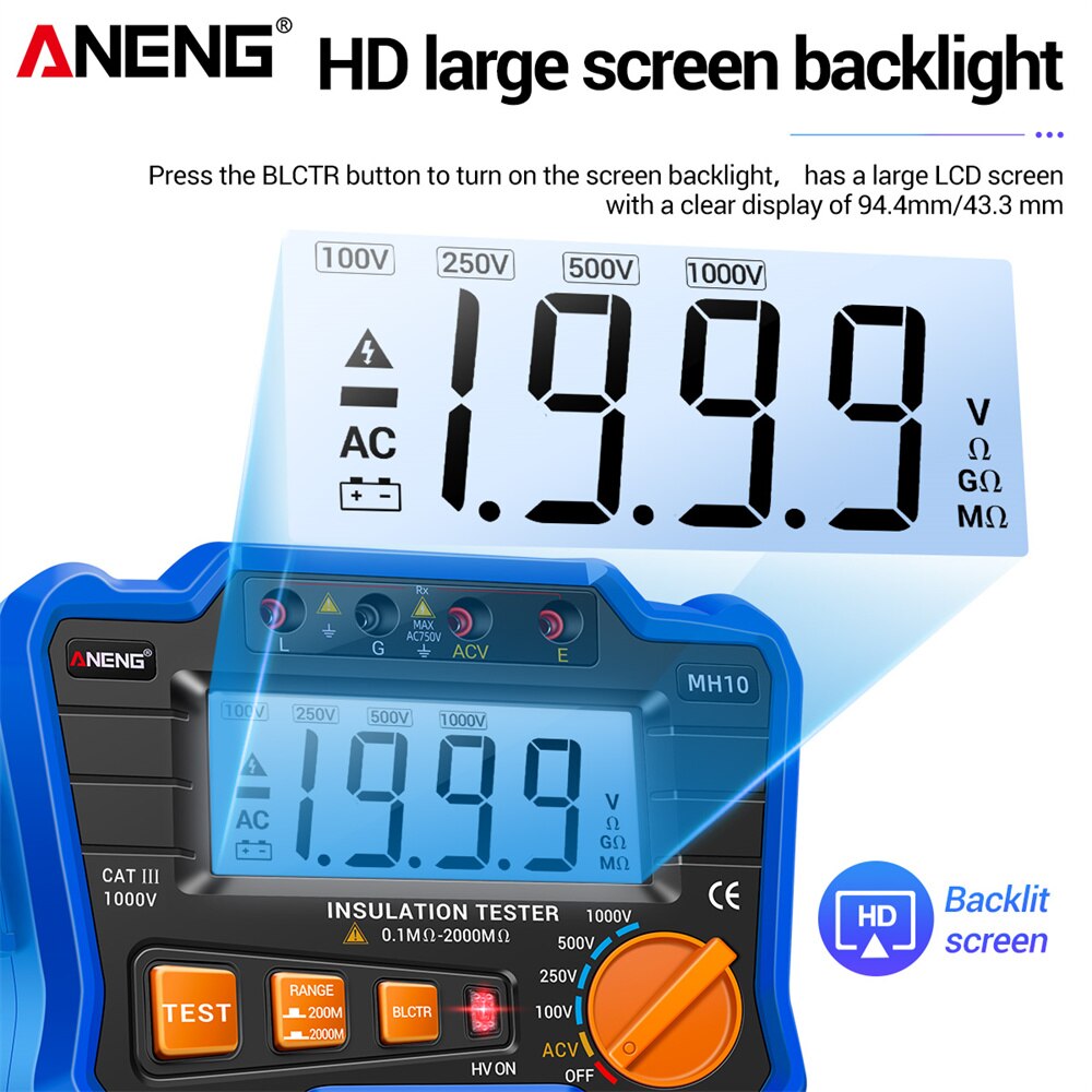 ANENG MH10 HD Digital Insulation Resistance Megger Tester 1000V Megometer Megohmmeter Ohm Test Auto Range Backlight Meter
