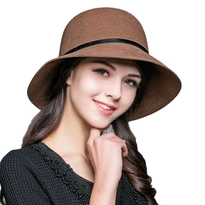 Fs vinter varm fedora hat til kvinder 100%  uld bred skygge kuppel kasket afslappet floppy kasket kvinders marineblå kamel cloche hatte: Kamel