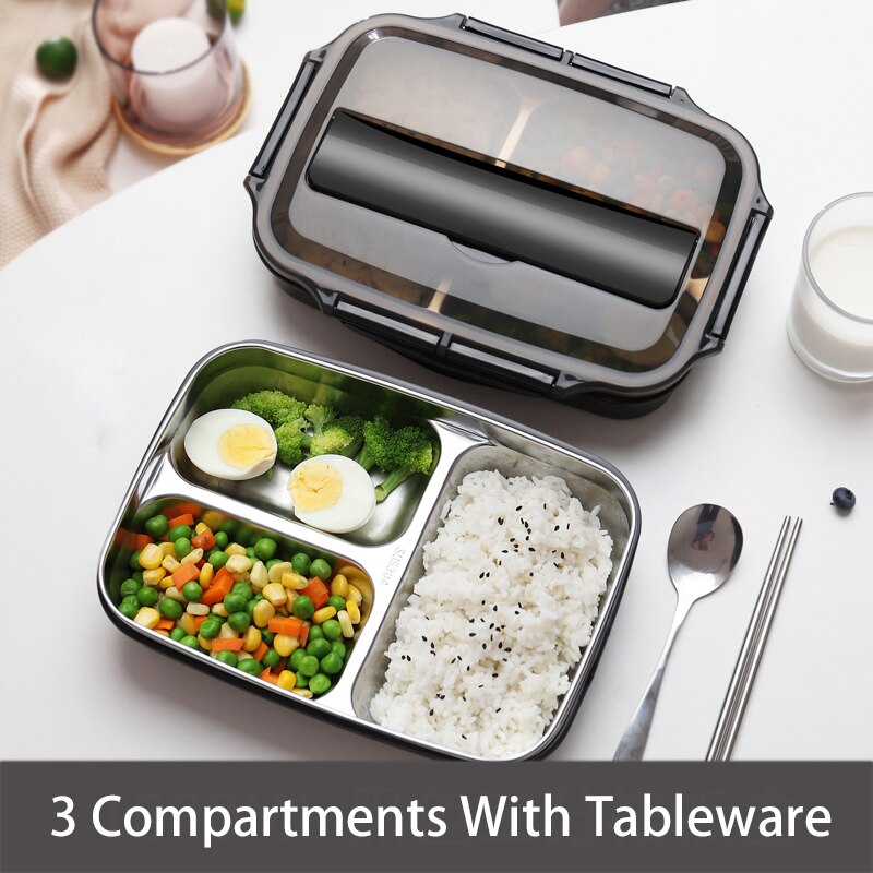 Stainless Steel Thermal Lunch Box Containers with Compartments Leakproof Bento Box Food Container Picnic Office School Lunchbox: black w tableware-3