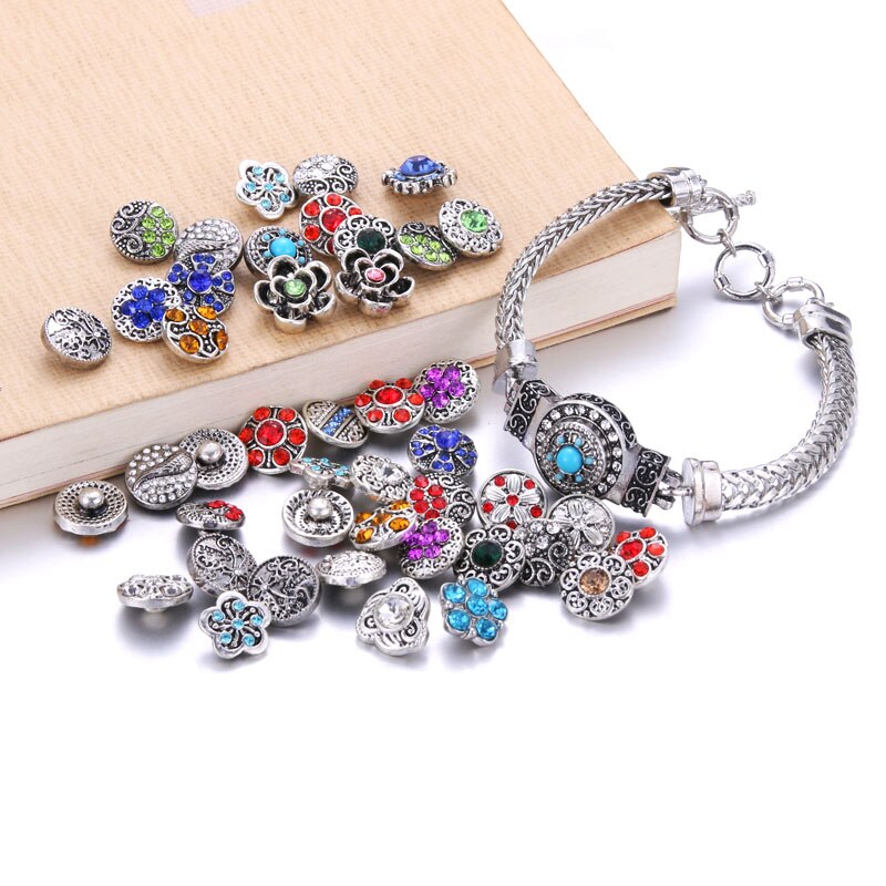 10pcs/lot Mix Style Rhinestone 12mm 18mm Resin metal Snap Buttons Jewelry Fit Charm Bracelets &amp; Bangles For women man