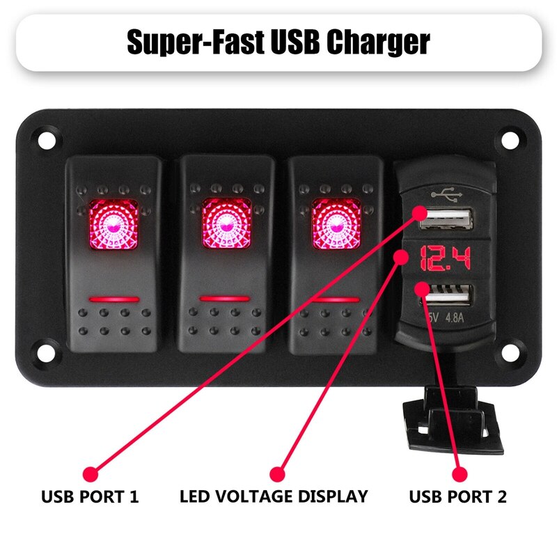 4 Gang Toggle Rocker Switch Panel with USB for Car Boat Marine RV Truck Red LED