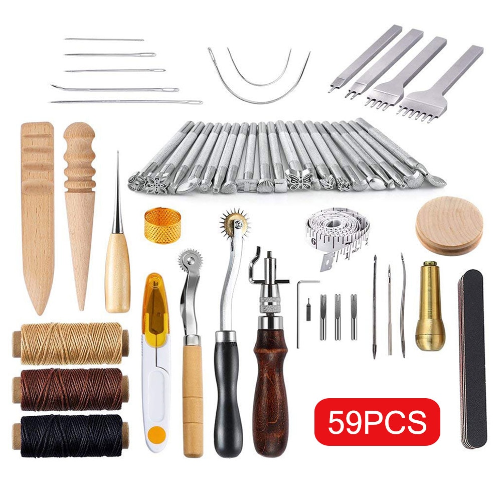 59 unids/set Kit de herramientas de mano artesanales de cuero para herramientas para coser a mano estampado Fabricación de sillín DTT88