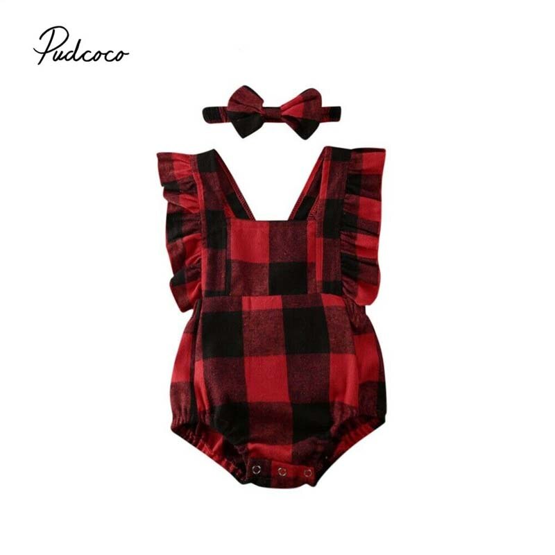 Baby Summer Clothing Newborn Baby Boy Girl Christmas Red Plaid Bodysuit Headband 2Pcs Outfit Xmas Set Ruffled Sleevless Set