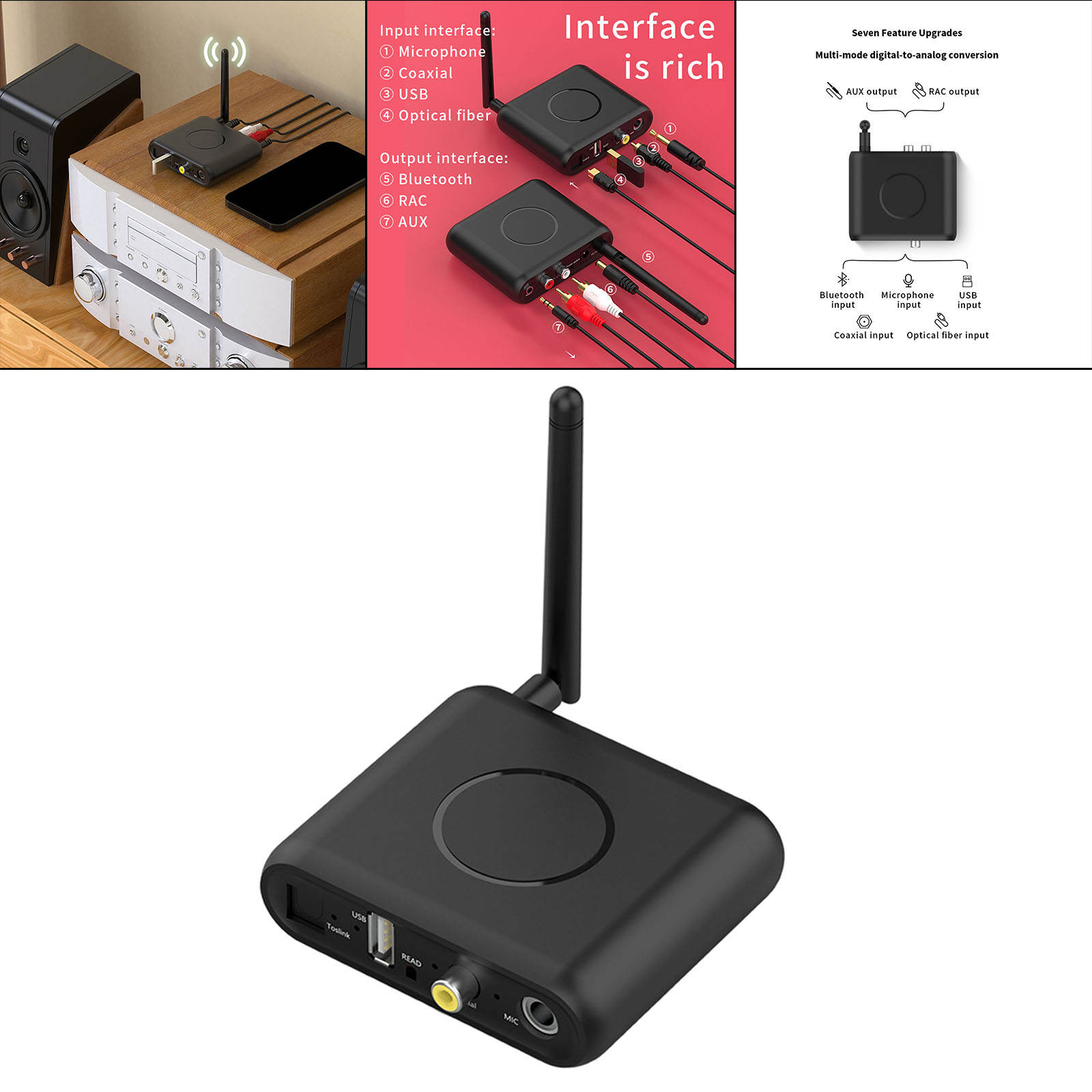 Wireless Bluetooth 5.0 Digital to Analog Audio Converter Remote Control Audio DAC Decoder Adapter RCA &amp; 3.5mm Black