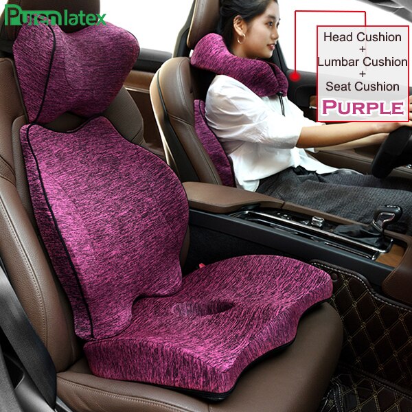 Purenlatex Auto Seat Cushion Memory Foam Orthopedic Pillow for Office Car Pad and Coccyx Cushion for Sciatica & Back Pain Relief: Purple 3 Piece Set
