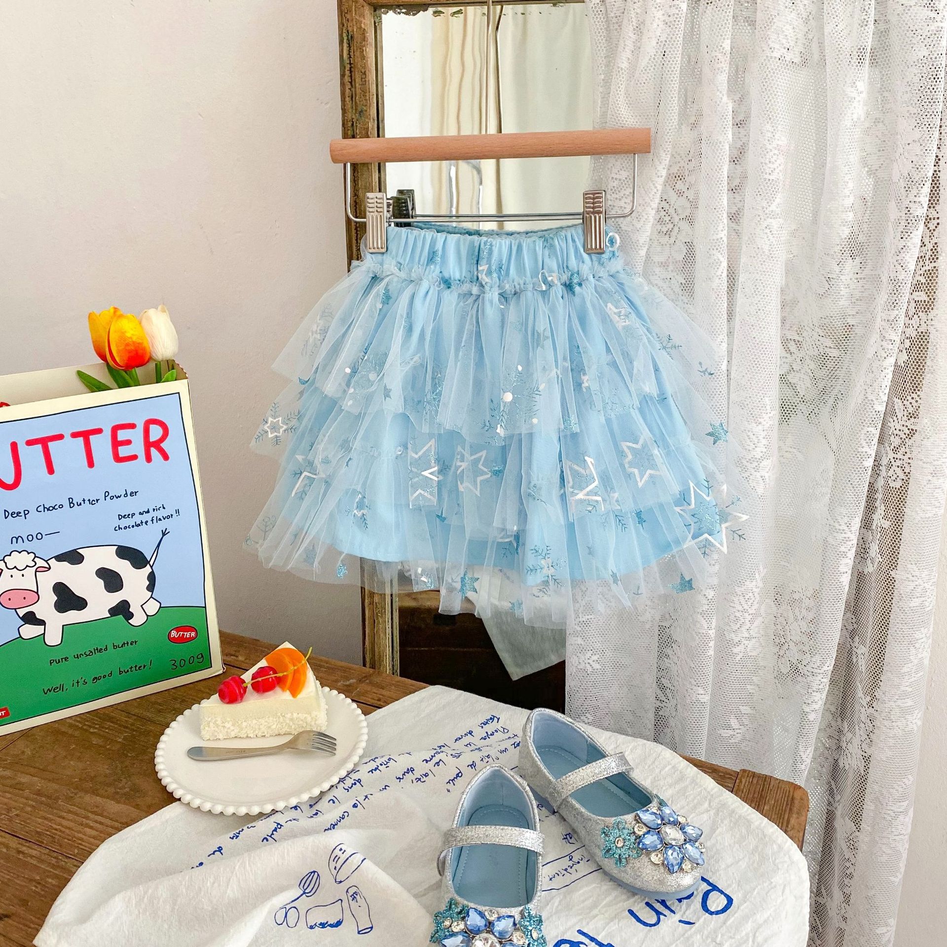 Meisjes Pailletten Ster Rokken Prinses Mesh Tutu Zomer Fantasy Sneeuwvlok Kinderen Baljurk Rok Zoete Baby Party Falda Tulle: Blauw / 4T