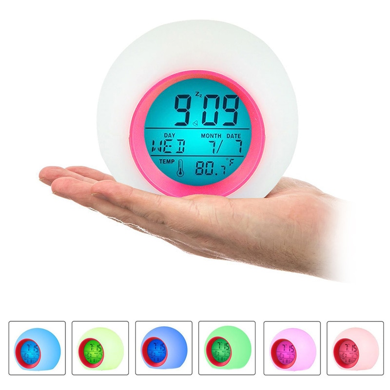reloj despertador Calendario de 7 colores luz de fondo redonda para niños sonido Frontal alarma bola decoración Natural reloj Digital