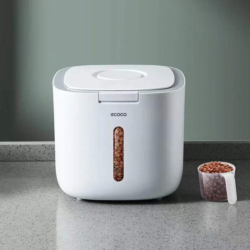 Recipiente de armazenamento de alimentos para cães de estimação, caixa de comida seca para gatos, vedação à prova de umidade, hermética com copo de medição, produtos de maca para gatinhos