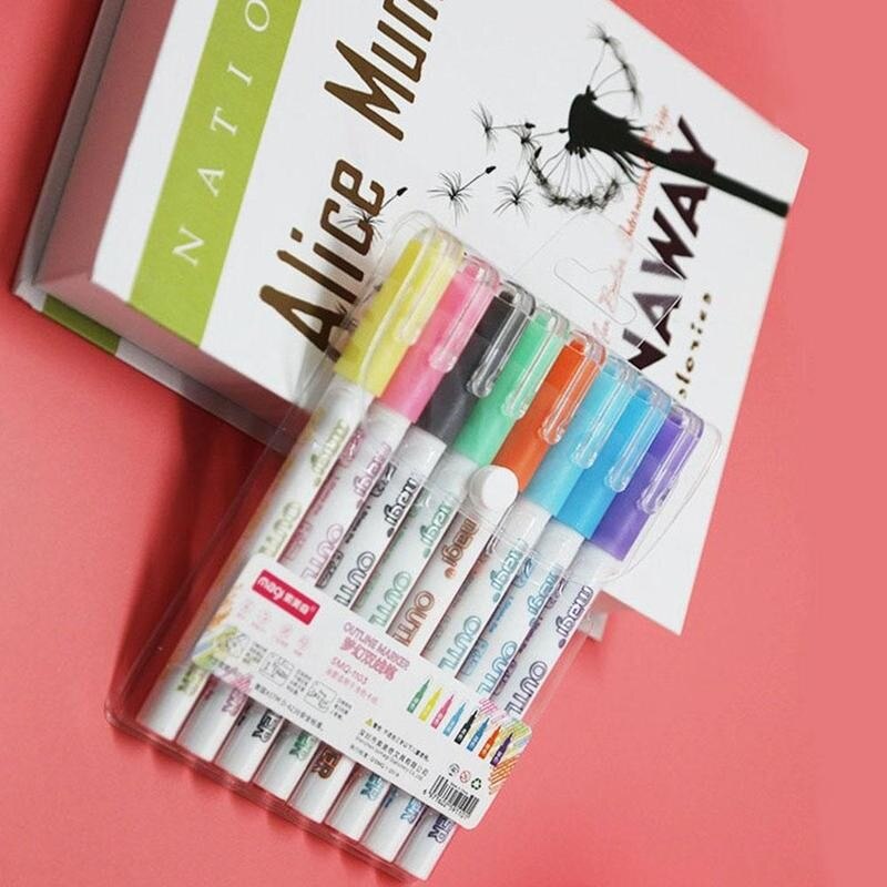 8 Colors/box Card Writing Drawing Pen Highlighter Pen Line Outline Double Office School Stationery Supplies Pen Cute