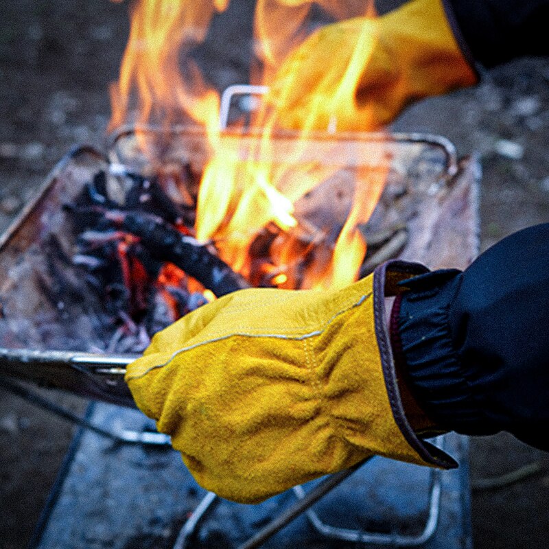 1 paar Leder Feuerfeste Handschuhe Gelb dauerhaft Anti-Wärmedämmung Arbeit Sicherheit Handschuhe Für Camping Schweißen Metall Hand Werkzeuge