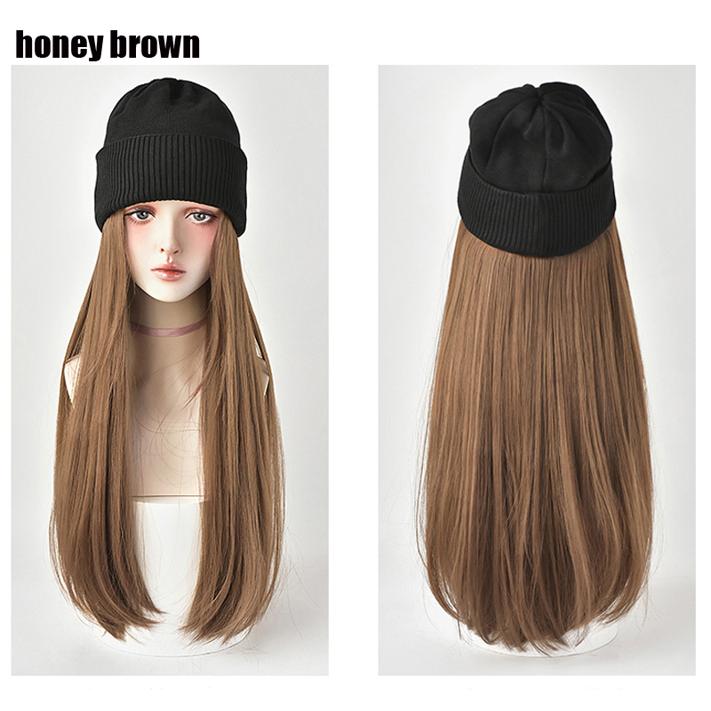Beanies Hat With Hair Wigs For Women 24 inch Long Straight Hair Synthetic Wig Warm Soft Ski Knitted Autumn Winter Cap: GRAY