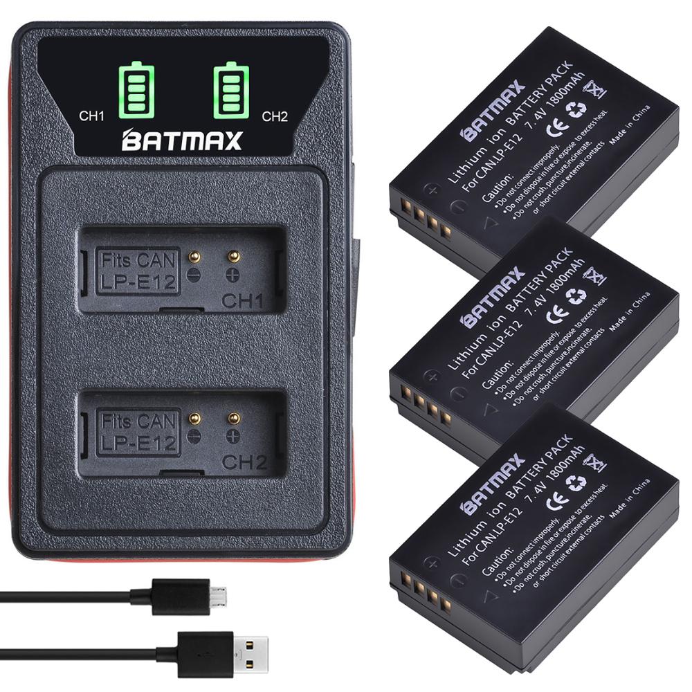 Batmax LP-E12 LPE12 Battery akku+LED Dual Charger with Type C Port &USB Cable for Canon EOS M50, EOS M100,100D Kiss X7 Rebel SL1: 3B with charger