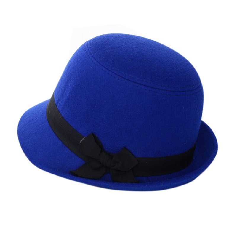 Women Girl Retro Bowknot Beach Felt Wool Fedora Hats Bowler Derby Baseball Caps ZM14s: Royal Blue