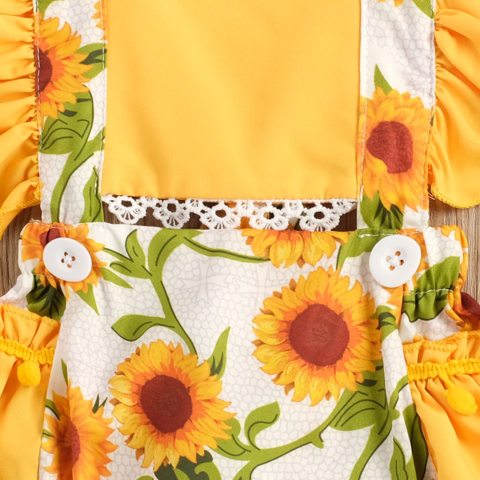 Pelele de girasol para bebé niña, Linda manga de volantes tira de pompones Trim body ropa de verano