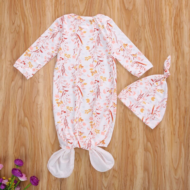 Spring Autumn Baby’s Sleepwear 2 Pcs Floral Printed Round-Collar Long-Sleeves One-Pieces + Cute Hat Set for Toddler, Boys, Girls