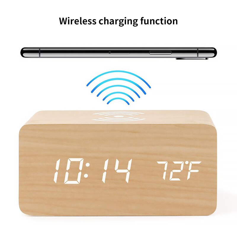 Modern Wooden Wood Digital LED Desk Alarm Clock Thermometer Wireless Charger With Wireless Charging Pad Alarm Clock LED