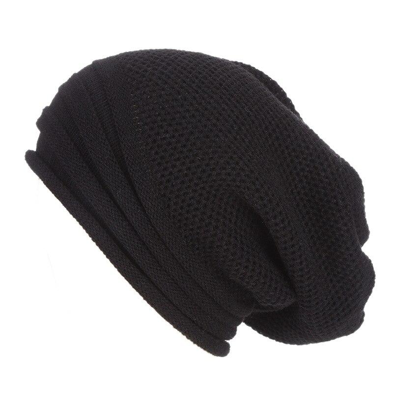 Gorro holgado de punto para hombre y mujer, gorros cálidos de Hip-hop de gran tamaño, ropa de esquí para exteriores, Invierno: Negro