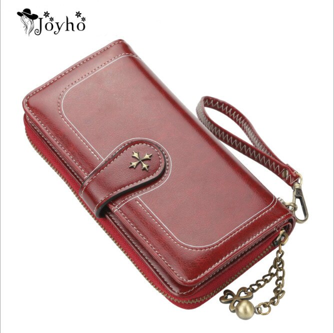 JOYHO Grote Capaciteit Vrouwen Clutch Split Leer Vrouwelijke Lange Portemonnee Vrouwen Rits Portemonnee Bloem Hardware Strap Hollow Out