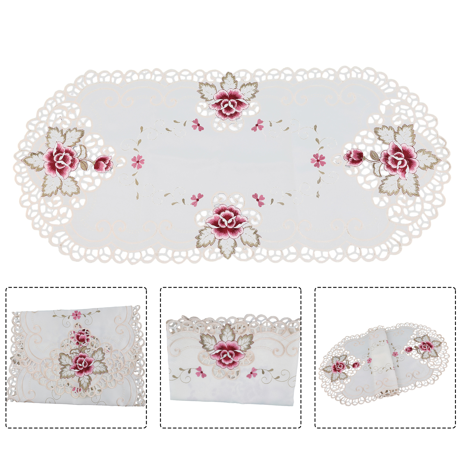 1 Stuks 16x33 Inch Wit Ovale Satijnen Stof Kant Tafelkleed Kleedje Geborduurde Bloemen Kleine Tafelkleed Home Decor placemat