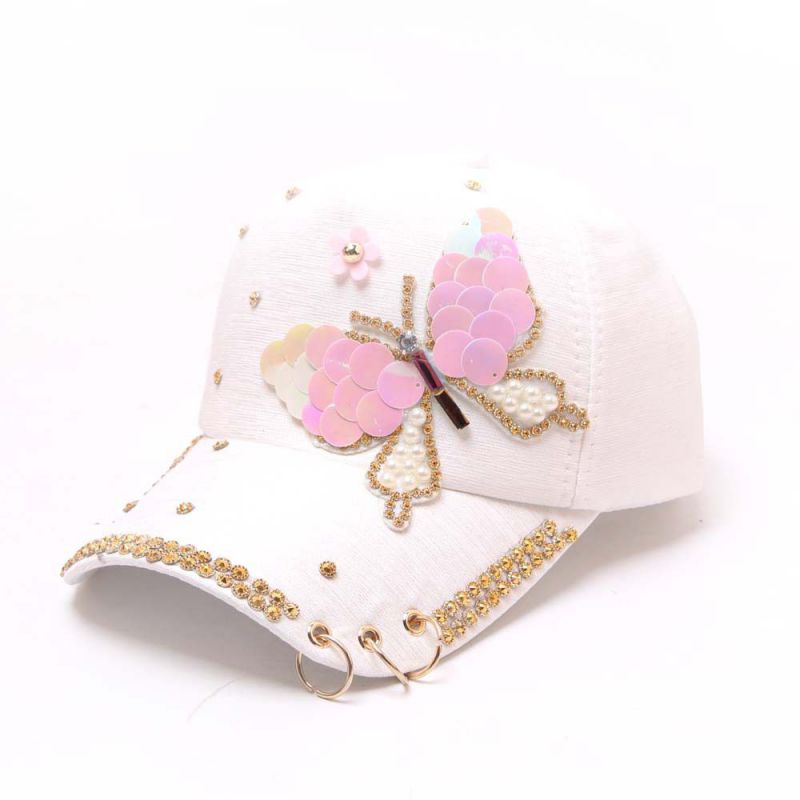 Autumn Women&#39;s Baseball Cap Women Full Crystal Colorful Big Butterfly Hat Cotton Shiny Metal Snapback Caps Hip Hop hats: white