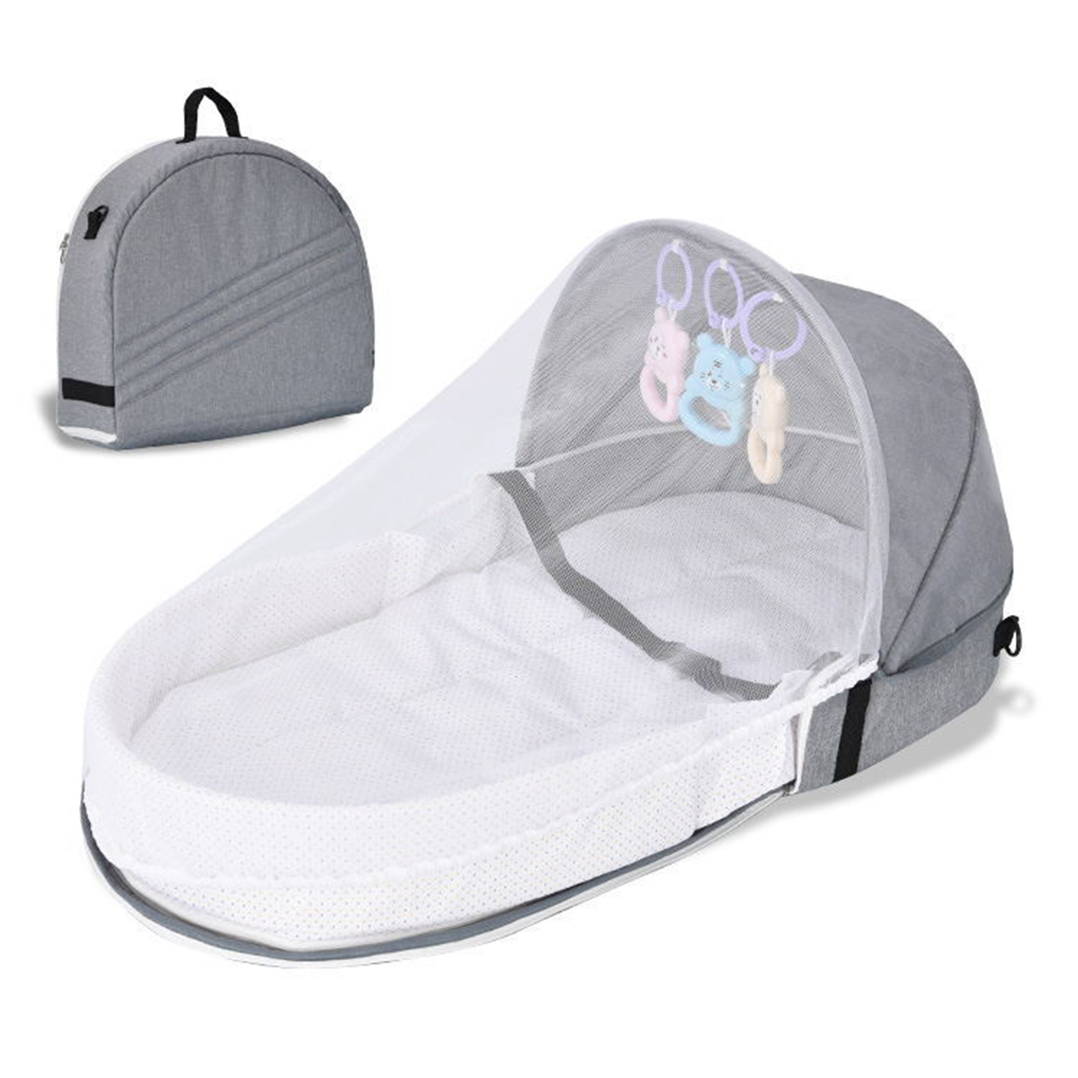 Bärbart babynest multifunktions baby resesäng spjälsäng med myggnät hopfällbar babynest vagga spädbarnssömn bärbar säng: Grå