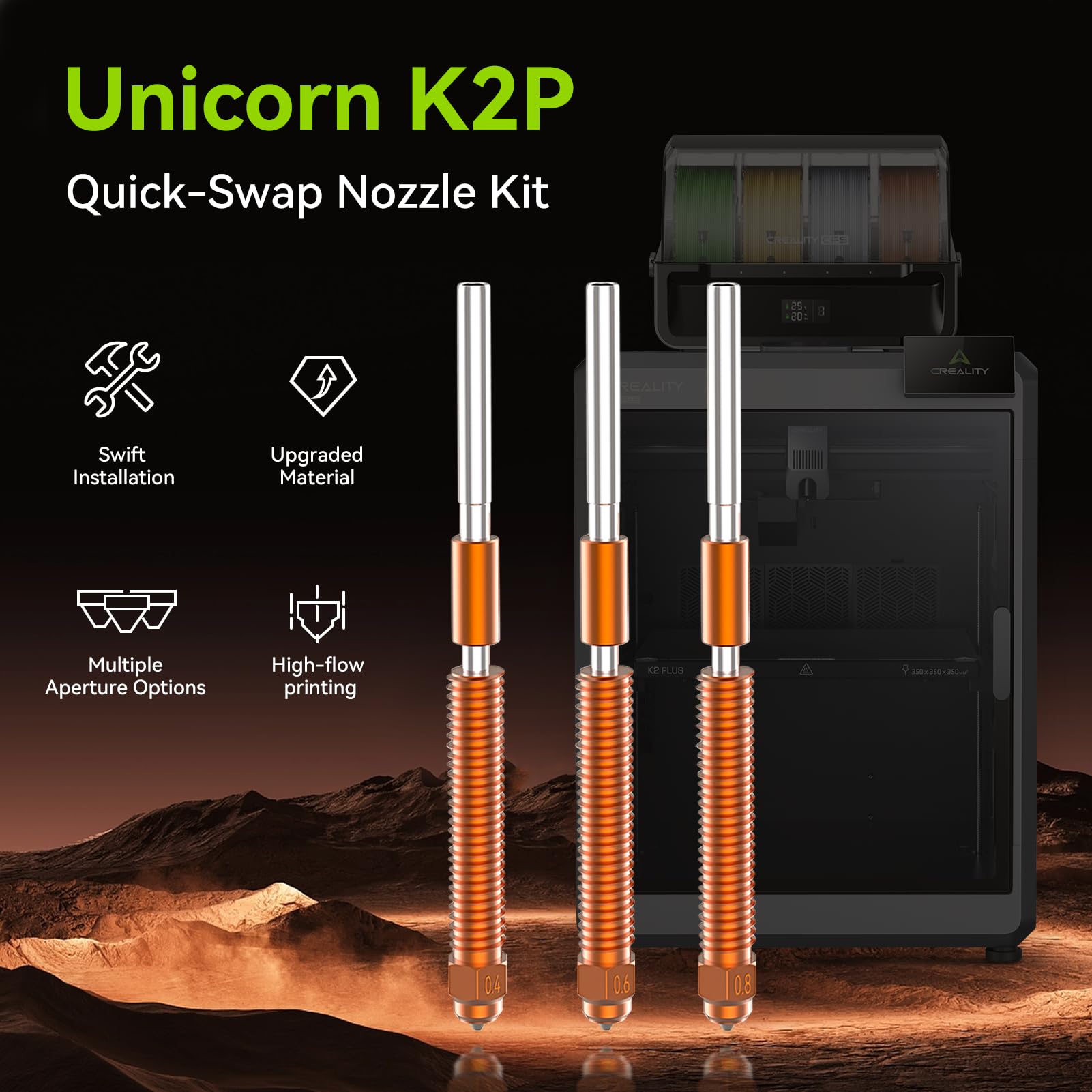Creality "Unicorn" K2 Plus Hi Combo Kit de bico de troca rápida 0,4 mm / 0,6 mm / 0,8 mm Bico integrado totalmente metálico para K2 Plus Hi Combo