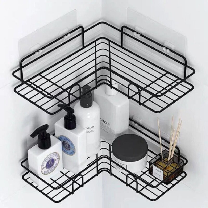 Etagère ventouse pour salle de bain ou cuisine, poinçon, cadre d'angle, fer forgé, rangement de shampoing et accessoires