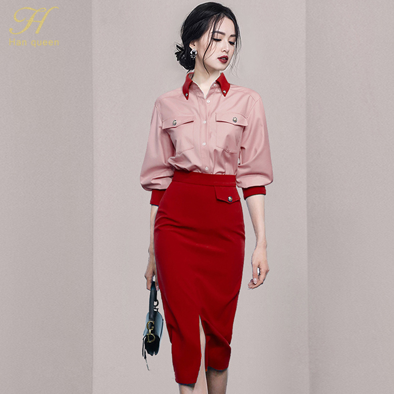 H Han Queen Women Work 2 Pieces Set Pocket Long Sleeves Blouses &amp; Split Sheath Pencil Skirt Korean Simple Skirt Suit: red / XL