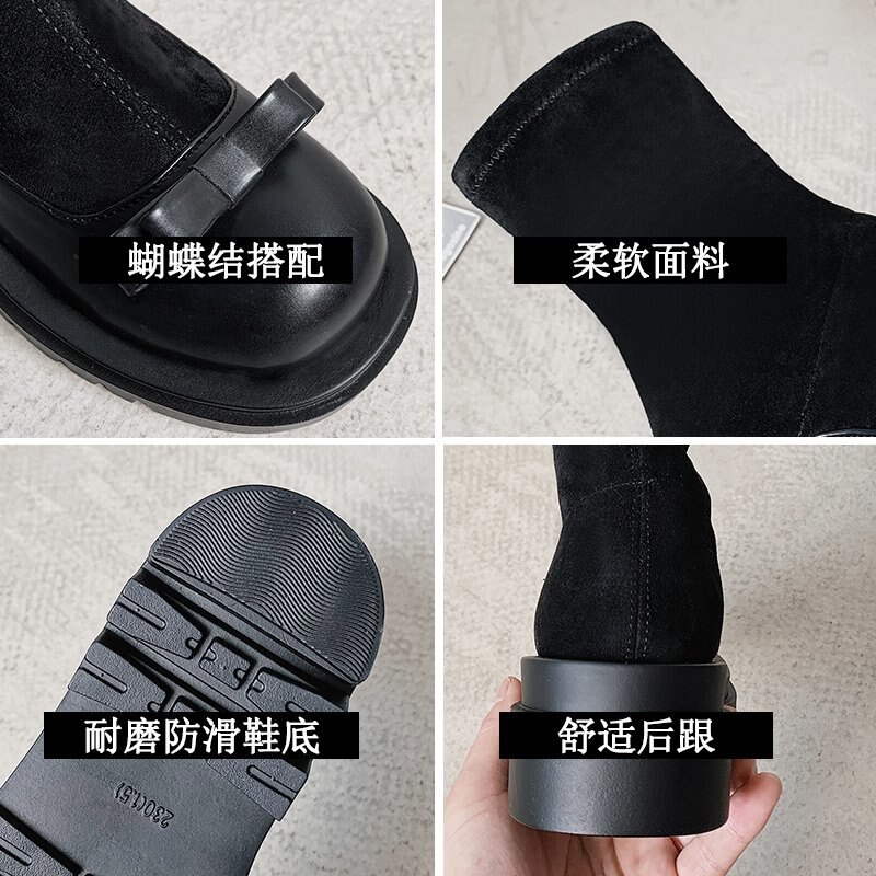 Bottes d'hiver dame talon plat femme chaussures bottes-femmes bout rond mi mollet bas caoutchouc Lolita automne Med Rock