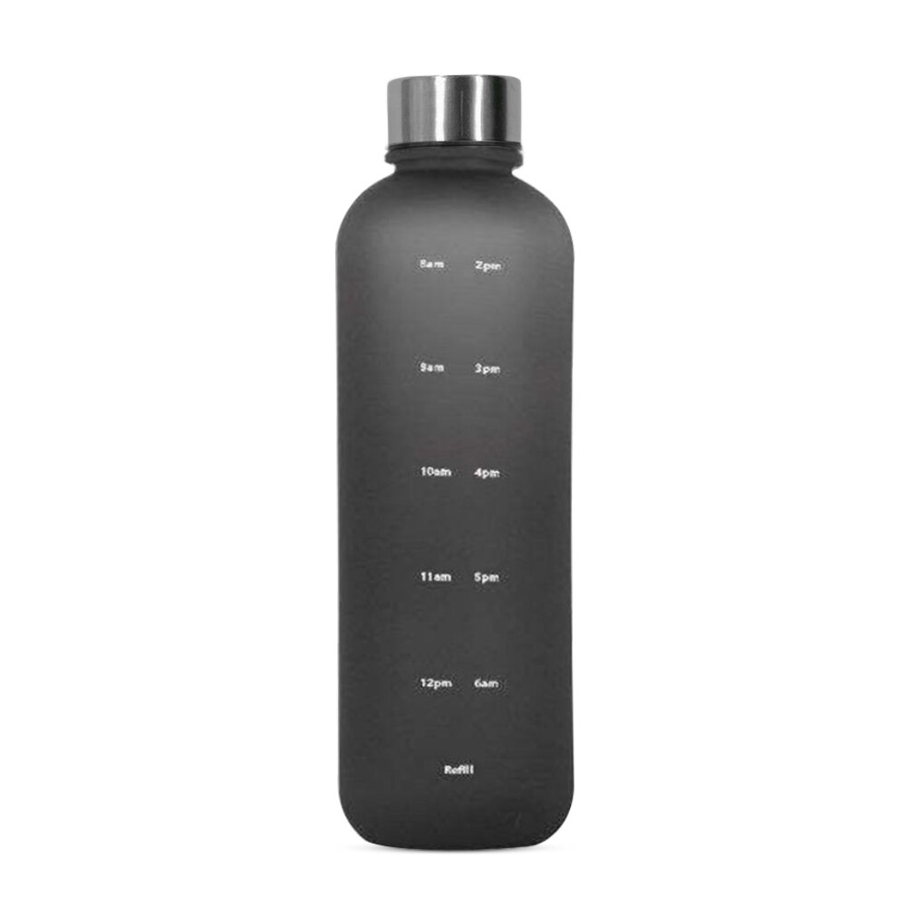 1000ML Kunststoff Raum Tasse Große-Kapazität transparent Gefrostet Wasser Tasse Kupfer Deckel Sport Wasser Flasche Mit Zeit Marker für Schüler: Schwarz Wasser Flasche