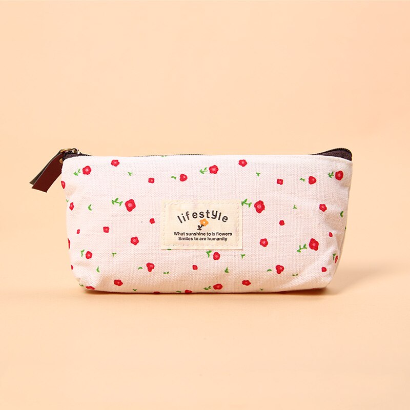 Cute Colorful Floral Flower Canvas Zipper Pencil Cases Lovely Fabric Flower Tree Pen Bags: White