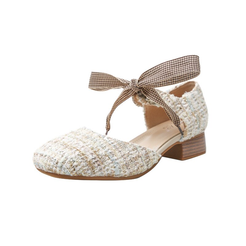 Sandalen met houten hakken, geruite strik, veterschoenen voor dames, feeënschoenen met vierkante neus, sandalen met hoge hakken, plus size 35-44 damessandalen