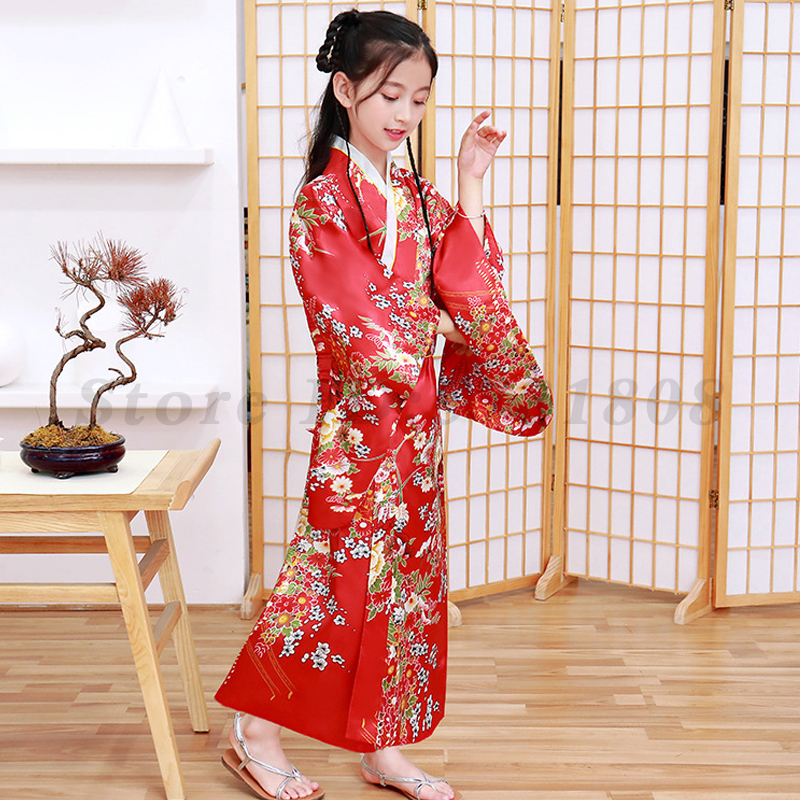 Mädchen Kind Japan Kimono Kleid Traditioneller Haori Yukata Bademantel Satin Luxus Orientalischer Bademantel mit Obi Kinder Cosplay Kleid