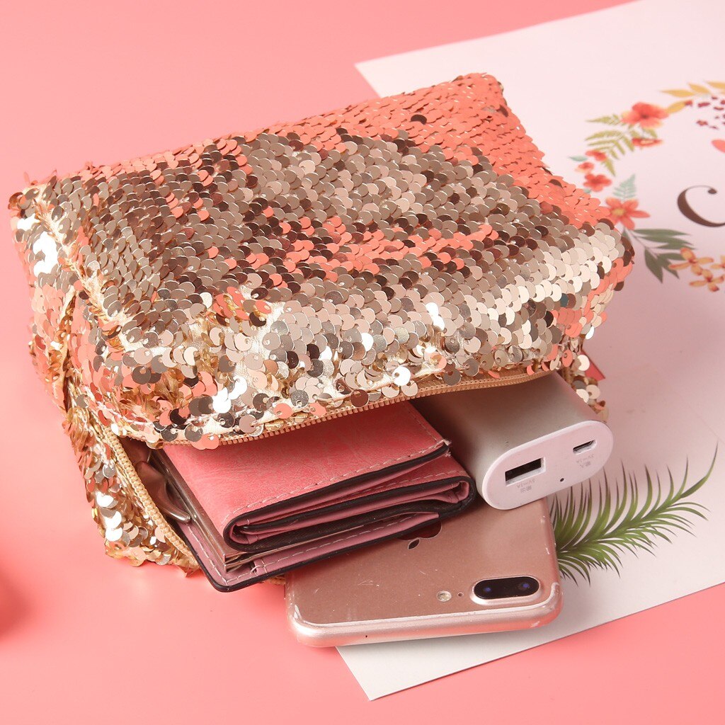 Women's Outdoor Bag Trend Short Solid Color Leather Sequin Pencil Case Jelly Bag For Ladies Cosmetic Bag#P30