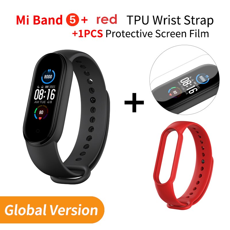 Xiaomi banda 5 versão global pulseira inteligente tela de toque miband 5 pulseira esporte rastreador de fitness monitor de freqüência cardíaca: EN Add Red Strap