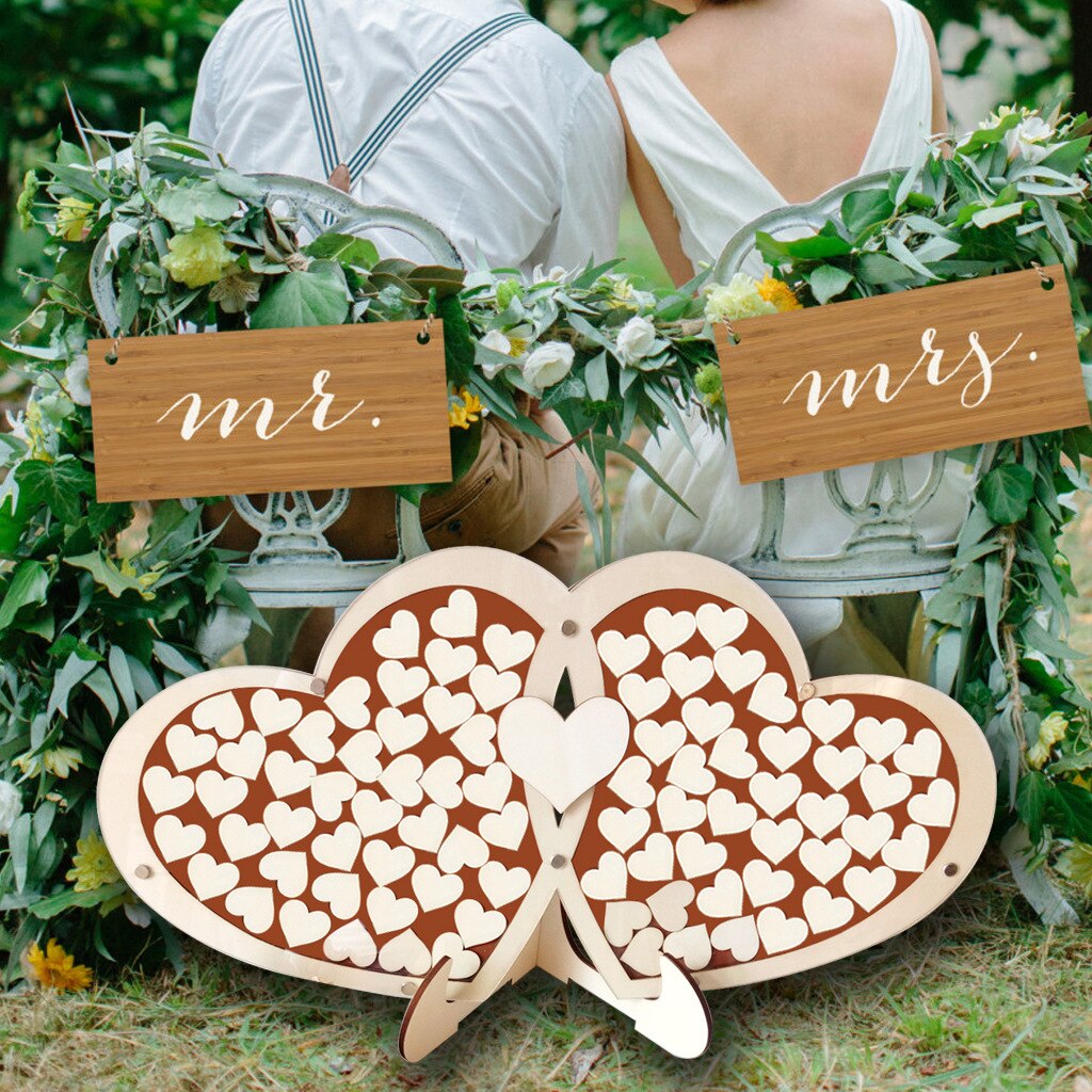 Signe de livre d'or de mariage Double cœur Unique avec 100 cœurs en bois, décor rustique