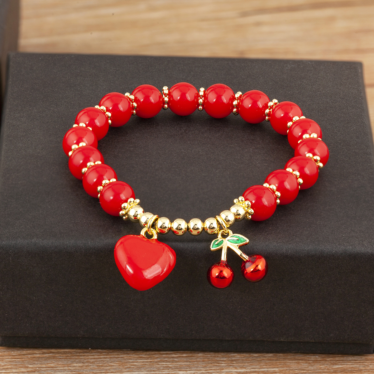 Nidin moda cereja forma coração contas vermelhas corrente pulseira para mulher 3 estilos escolha diariamente versátil jóias acessórios presentes: Estampagem a quente