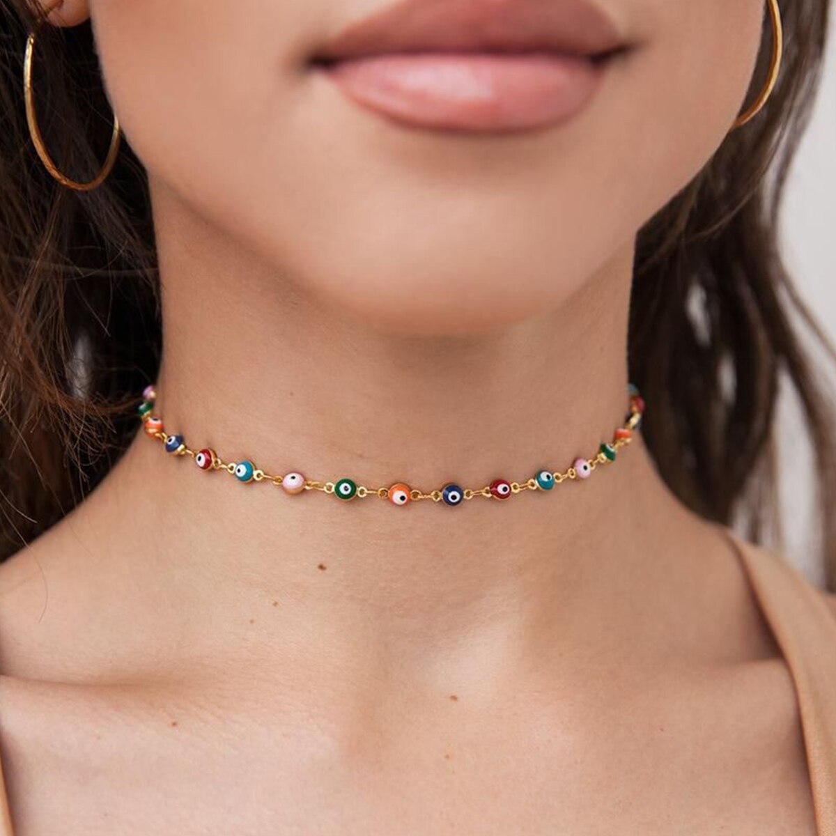 Enamel evil eye choker necklace, multicolor round beads, religious necklace, gold color, silver color, 32cm(12 5/8 , long, , 1 pieces: Gold color