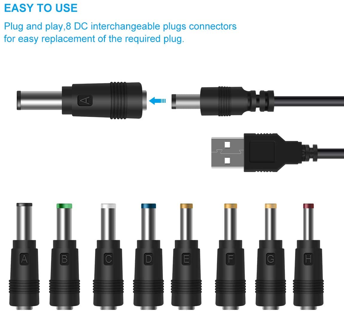 USB zu DC Power Kabel, 8 in 1 Universal 5V DC Jack Kabel Power Kabel mit 8 Austauschbaren Steckern Stecker Adapter