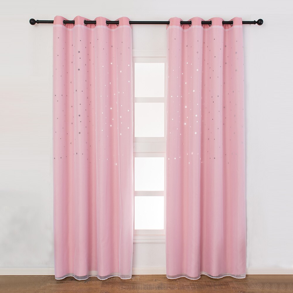 Shiny Stars Blackout Curtains for Living Room Hollow Double Layer Cloth Yarn Darkening Curtains for Bedroom Party Home Decor: Pink / 1pcs