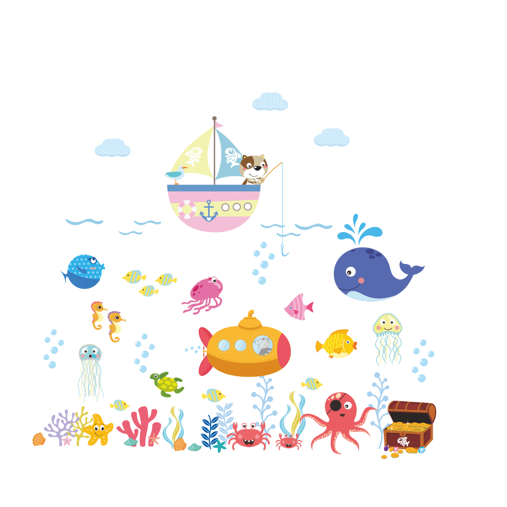 Muursticker met een cartoon-muursticker van een puppy die aan boord vist, voor de kinderkamer, badkamer, huisdecoratie, kinderkamer, kwarto-stickers, poster.