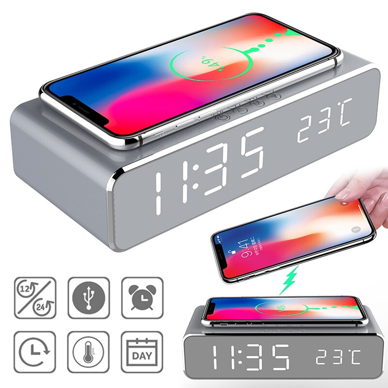 LED Electric Alarm Clock With Mobile Phone Wireless Charger HD Clock Mirror With Time Memory Digital Thermometer Clock