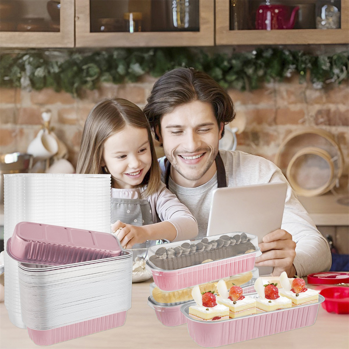 50 Stück Mini-Backformen mit Deckel und Löffel, 6,8 Unzen, rechteckige Backformen aus Aluminiumfolie, wiederverwendbare Mini-Brotbehälter, Muffin-Dosen
